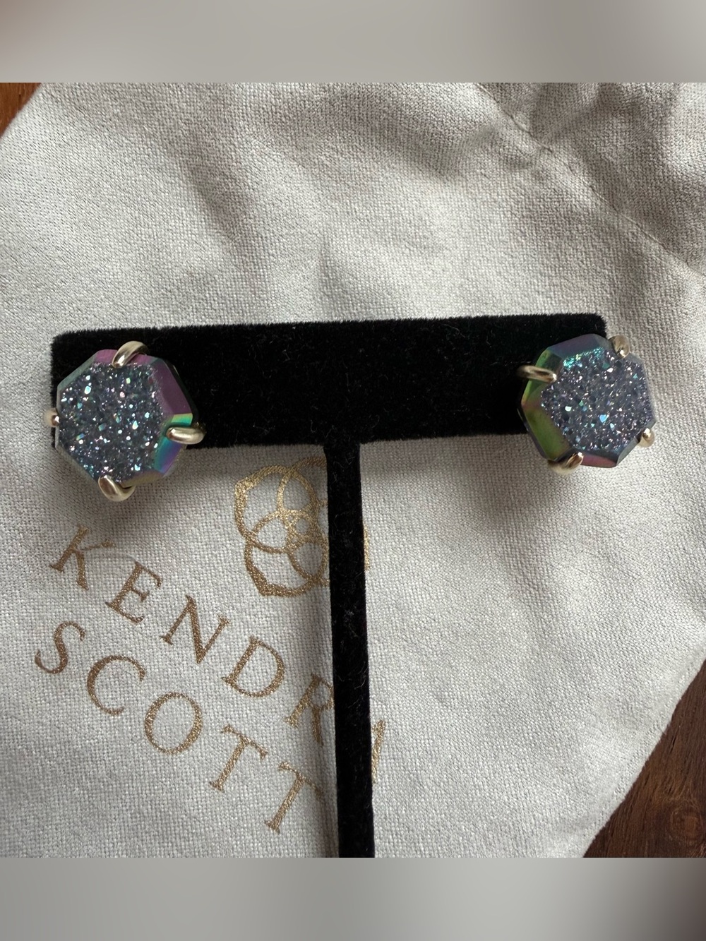 Kendra Scott Hexagon Iridescent Druzy Stud Earrings in Blue-Green Oil Sleek